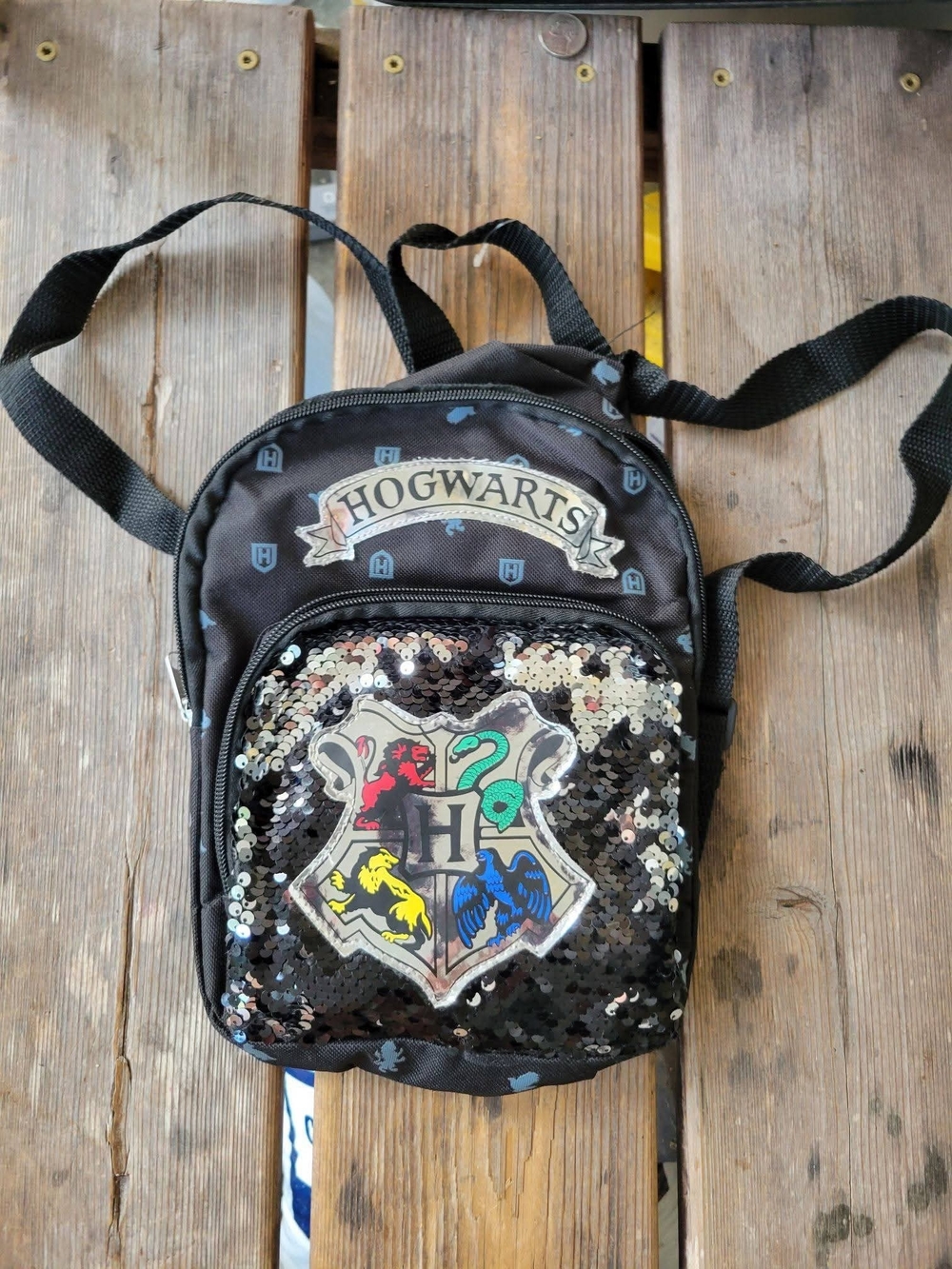 HARRY POTTER HOGWARTS 10” Mini Black Sequin Backpack Bag Adjustable Straps 2019